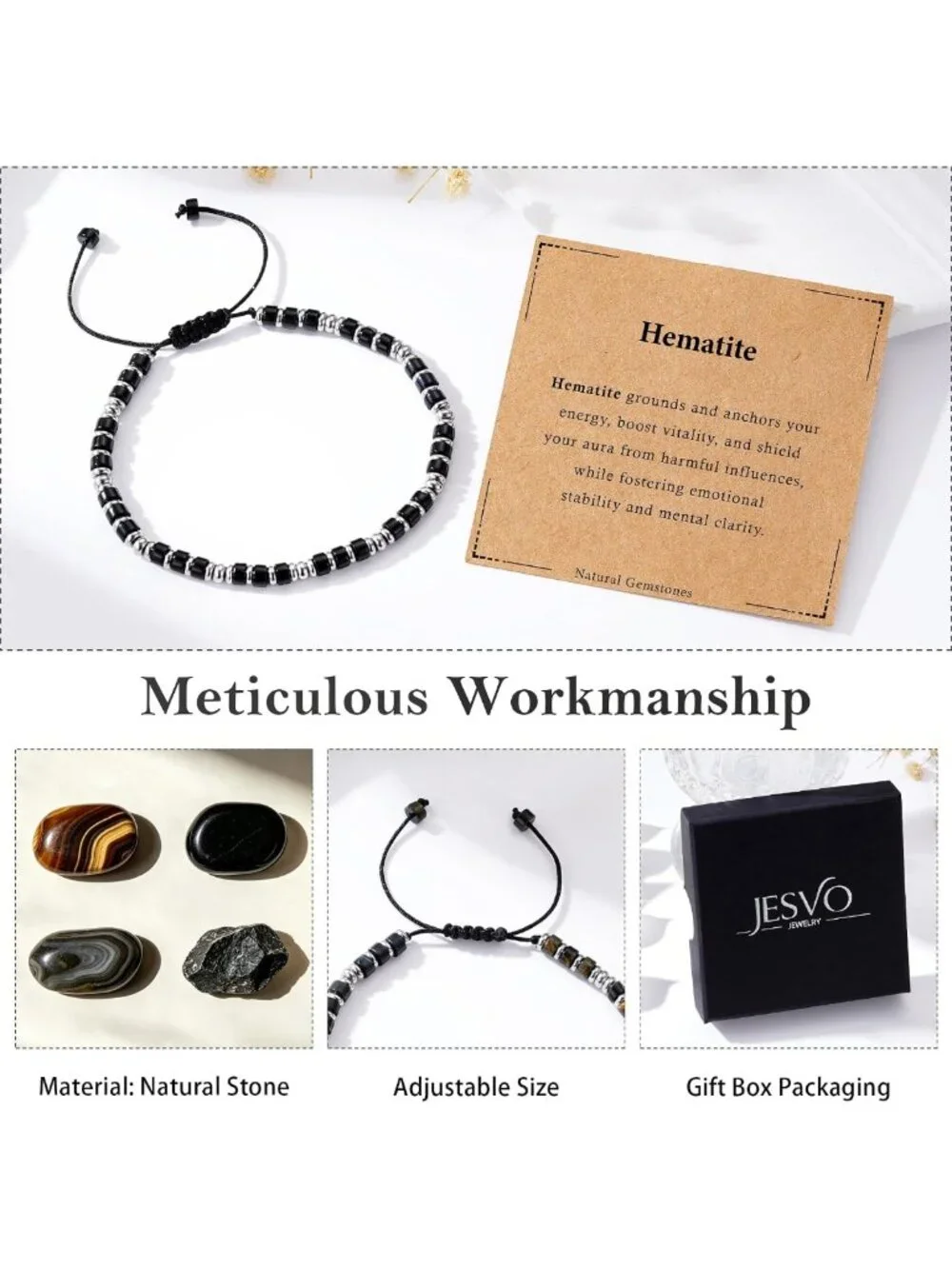 Men's Healing Crystal Bracelet - Triple Protection Hematite, Black Obsidian